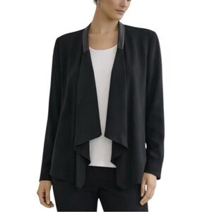 Eileen Fisher Silk Drape Front Jacket Leather Trim Black Size XS